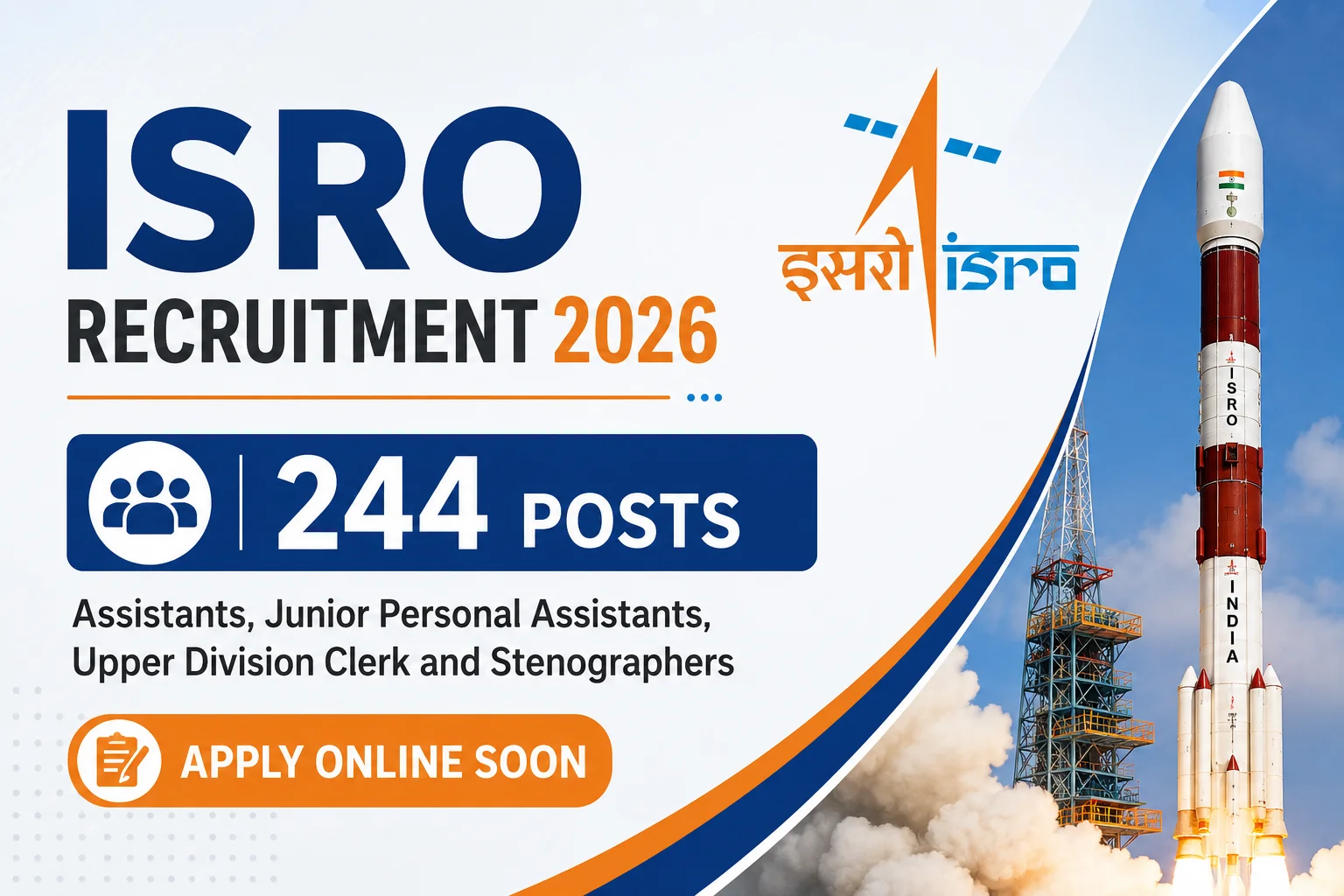 ISRO Assistant, JPA, UDC & Stenographer Recruitment 2026 Notification Out, Apply Online Begins for 244 Posts