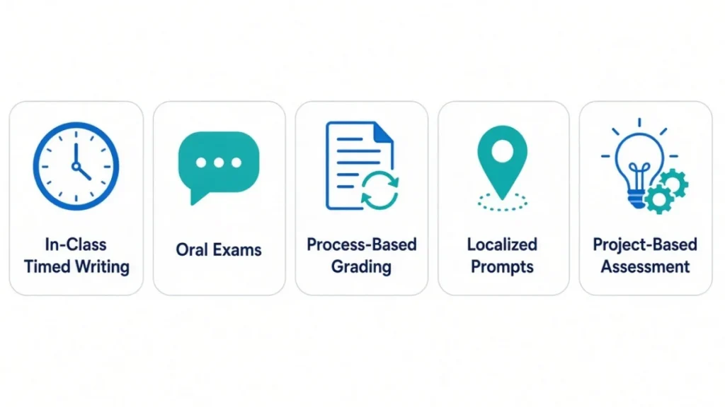 AI-Resistant Assessment Types (icon grid)