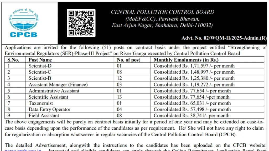 CPCB Recruitment 2026 Notification Out for 51 Scientific Assistant, DEO, Scientist, Field Assistant & More Posts, Apply Online from August 24