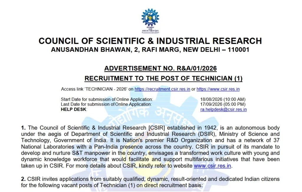 CSIR Technician Recruitment 2026 Notification Out for 43 Posts, Apply Online Starts