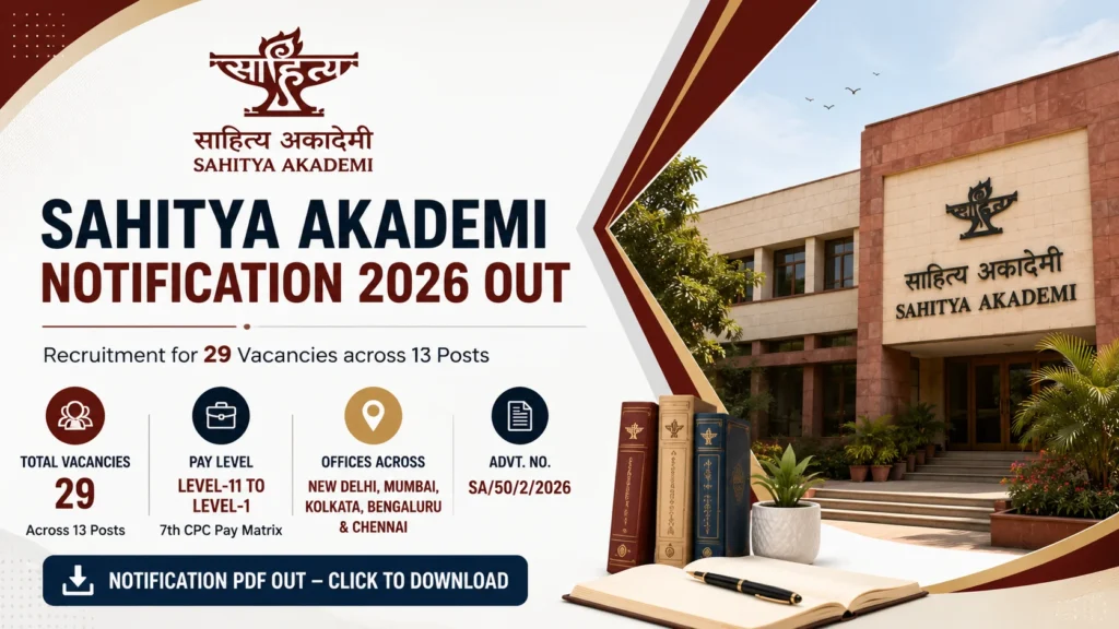 Sahitya Akademi Recruitment 2026 for MTS, Junior Clerk, Steno, TA & More Posts, Apply Offline