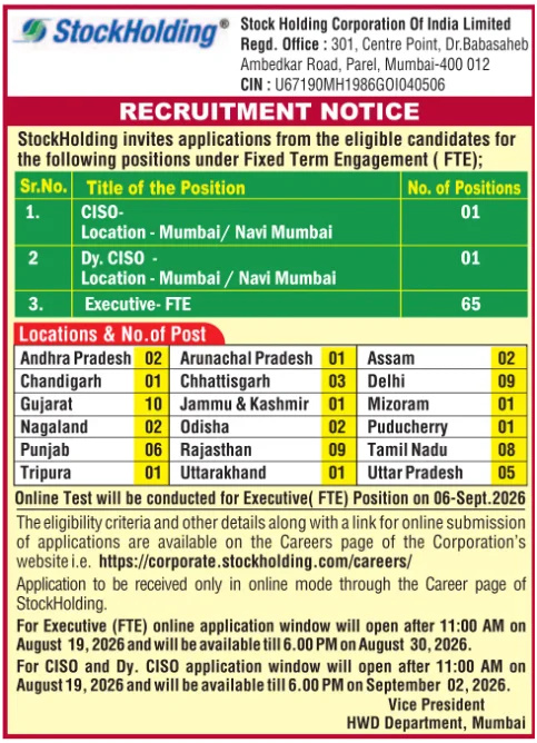 StockHolding Executive (FTE) Recruitment 2026 Notification Out, Apply Online from August 19