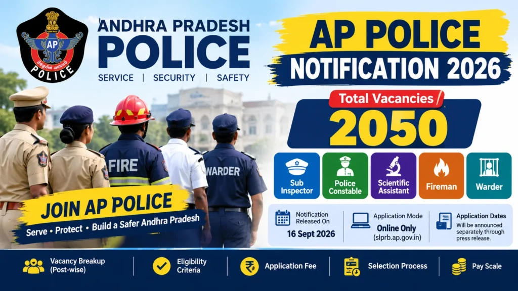 AP Police Notification 2026 Out for 2050 Sub Inspector, Police Constable, Scientific Assistant, Fireman and Warder Vacancies