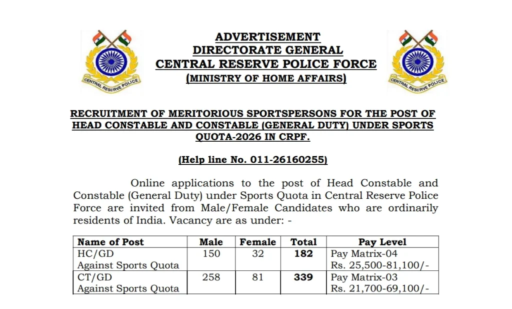 CRPF Sports Quota Recruitment 2026: 521 Head Constable & Constable (GD) Vacancies, Eligibility, Marks, and How to Apply