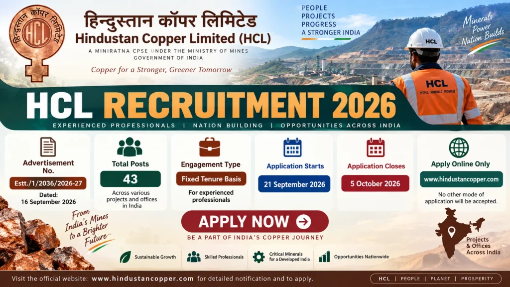 HCL Recruitment 2026 Out for 43 Fixed Term Executive Posts — Apply Online from 21 September