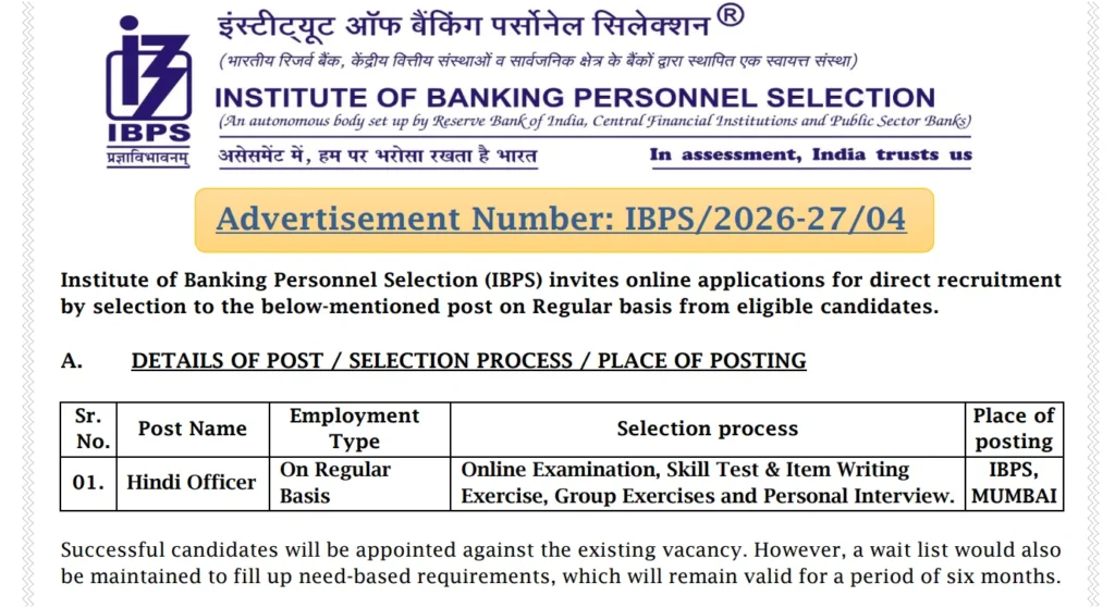 IBPS Hindi Officer Recruitment 2026 Notification Out, Eligibility, Salary ₹17.39 LPA, Exam Pattern and How to Apply
