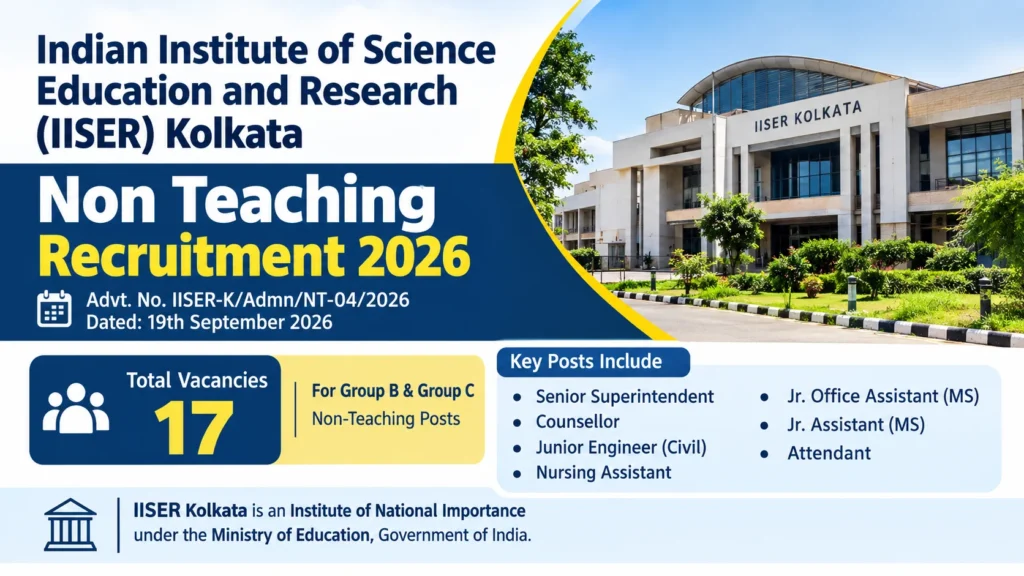 IISER Kolkata Non Teaching Recruitment 2026 for Jr. Office Assistant, Jr. Assistant, Attendant & More Posts, Apply Online