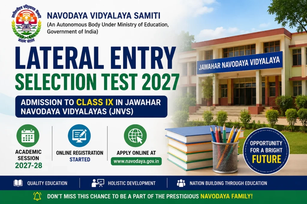 JNVST Class 9 Lateral Entry Admission 2027-28 Notification Out, Apply Online