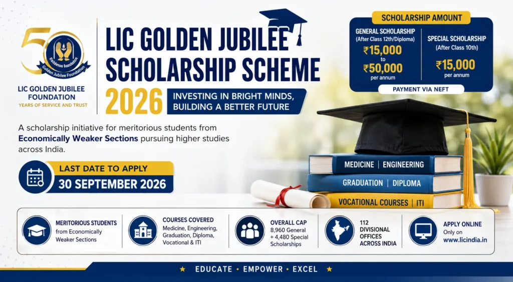LIC Golden Jubilee Scholarship Scheme 2026 Apply Online for Up to Rs. 50,000Year, Check Eligibility, Amount, How to Apply