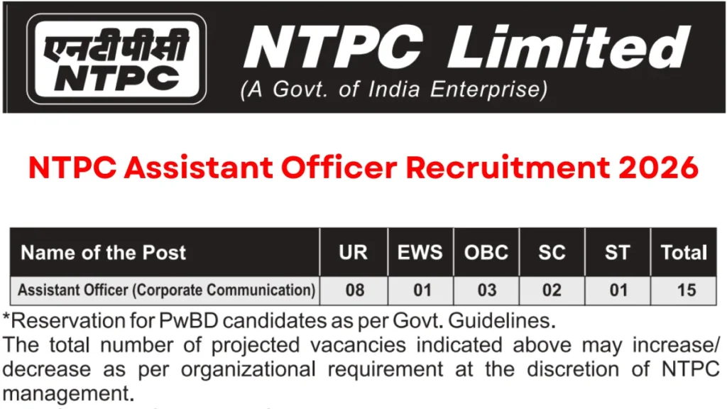 NTPC Assistant Officer Recruitment 2026 Notification Out for 15 Corporate Communication Posts