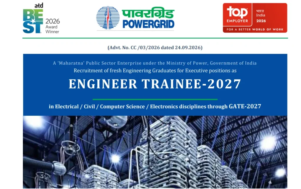 PGCIL Engineer Trainee Recruitment 2027 @powergrid.in, Notification Out Through GATE 2027, Eligibility, Salary & Selection Process