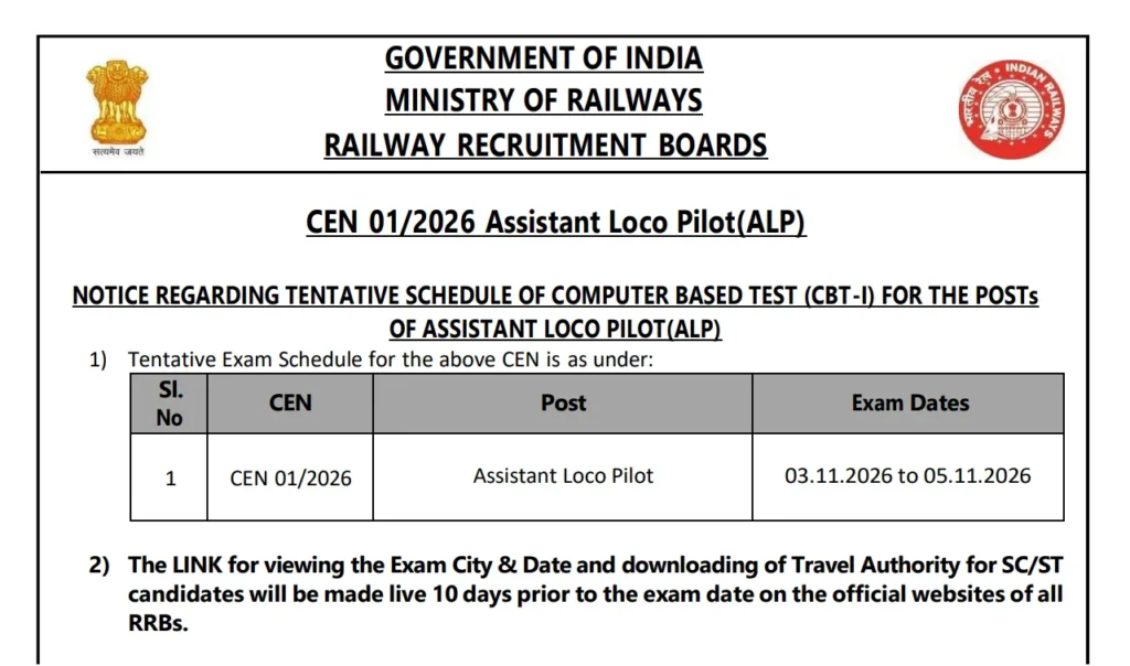 RRB ALP Exam Date 2026 Out; CBT-1 for CEN 012026 Scheduled on November, Check Admit Card & City Slip Date